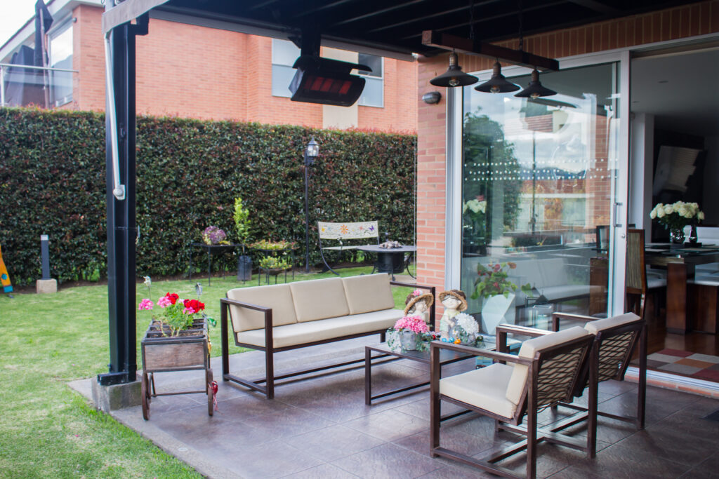 Residential backyard porch with heaters from Gas Outdoor Patio Heaters